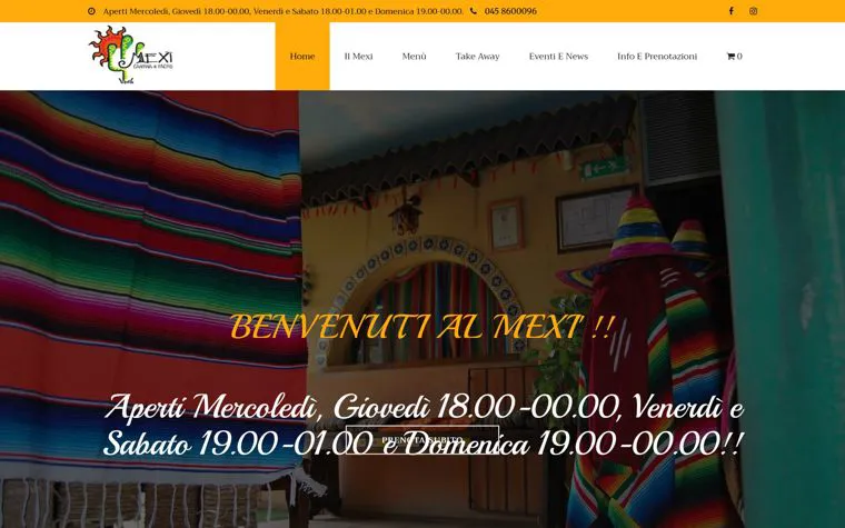 La home del sito Mexi: la sala del ristorante messicano con gli orari di apertura