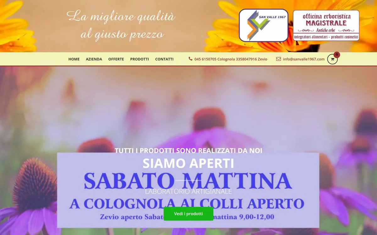 La home del sito San Valle 1967, con il marchio dell'officina erboristica e il menu