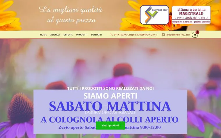La home del sito San Valle 1967, con il marchio dell'officina erboristica e il menu