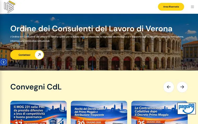 La home del sito dell'Ordine dei Consulenti del Lavoro di Verona, con l'Arena e i convegni