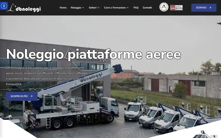 Home del sito DB Noleggi, con le piattaforme aeree in piazzale