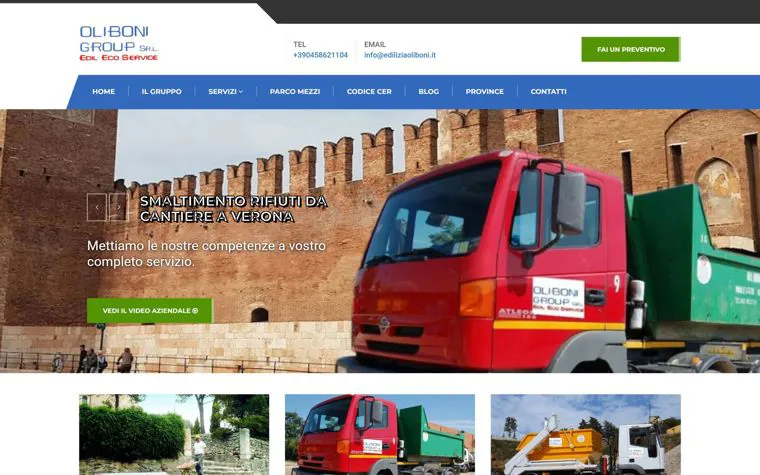 Home del sito Oliboni Group con i mezzi per lo smaltimento davanti alle mura di Verona