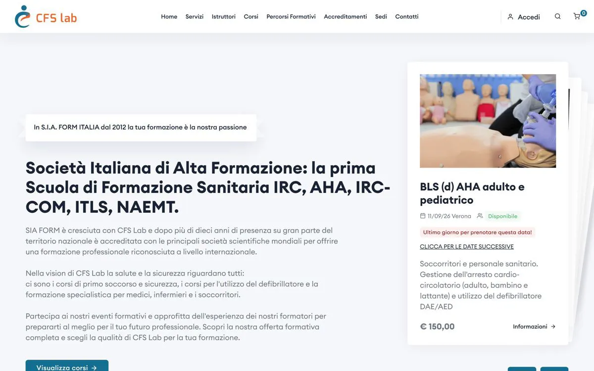 Home del sito CFS Lab con il calendario dei corsi in programmazione