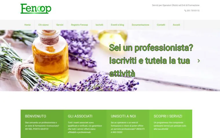 Home del sito Fenoop con l'invito a iscriversi al registro