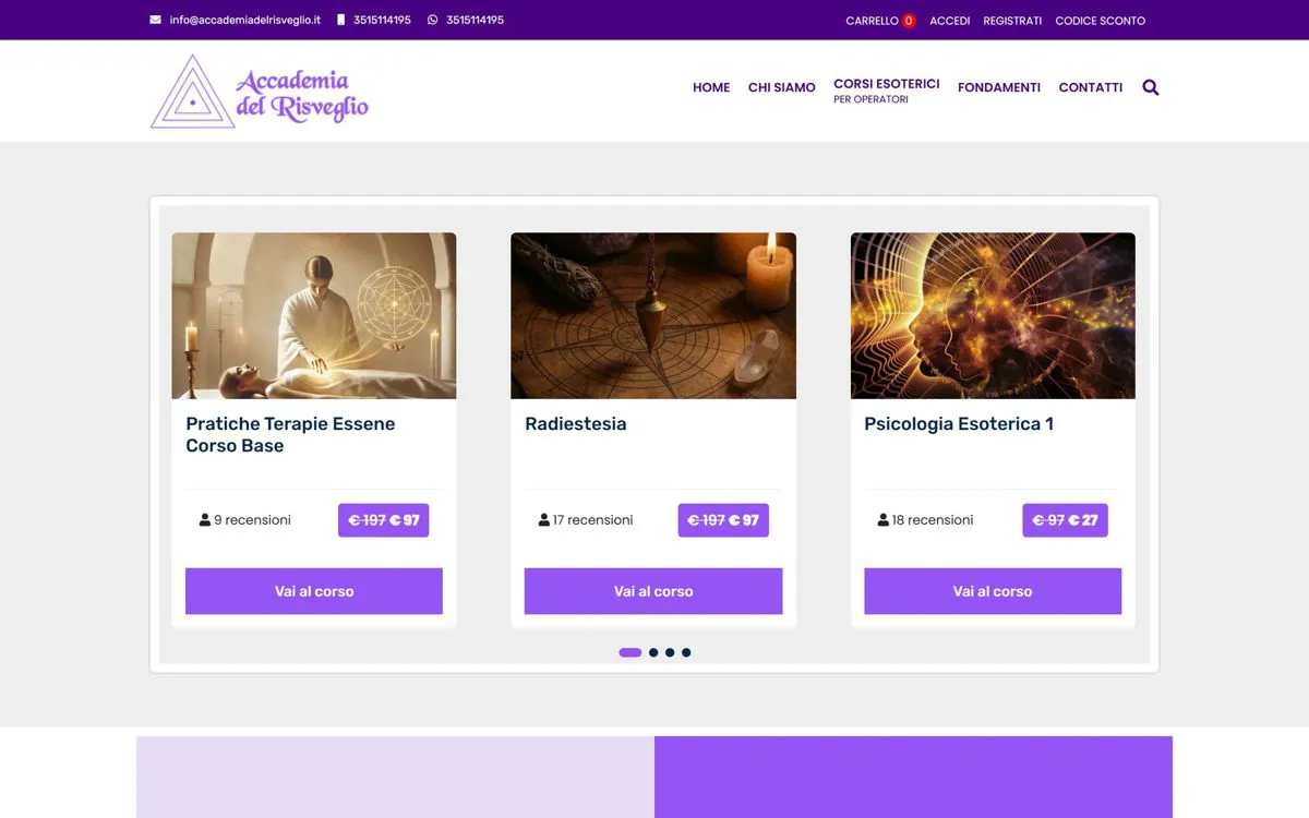 Home di Accademia del Risveglio con il catalogo dei corsi